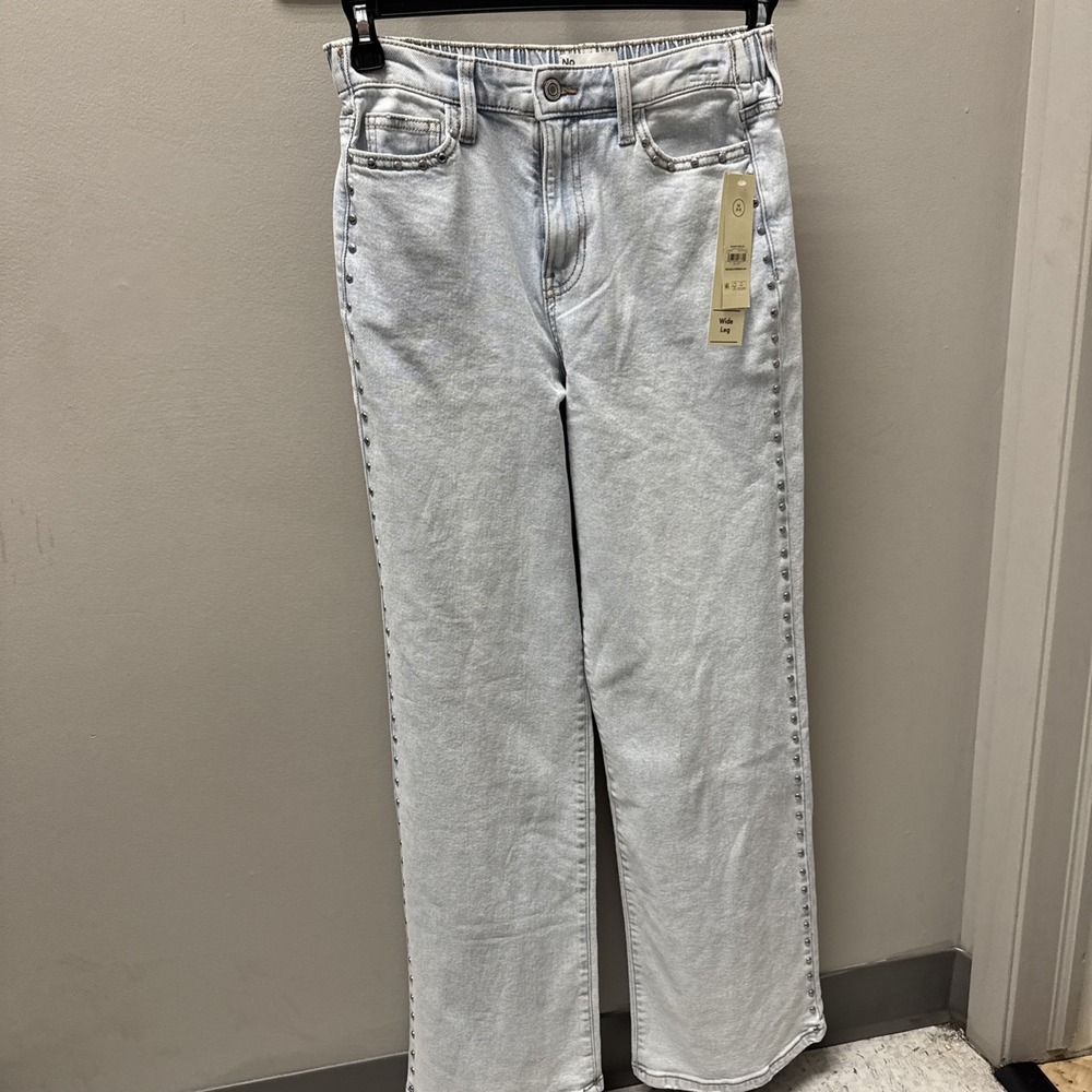 No Boundaries Womens Blue Baggy Wide Leg Denim Jeans Elastic Waist Studs XS 0-2